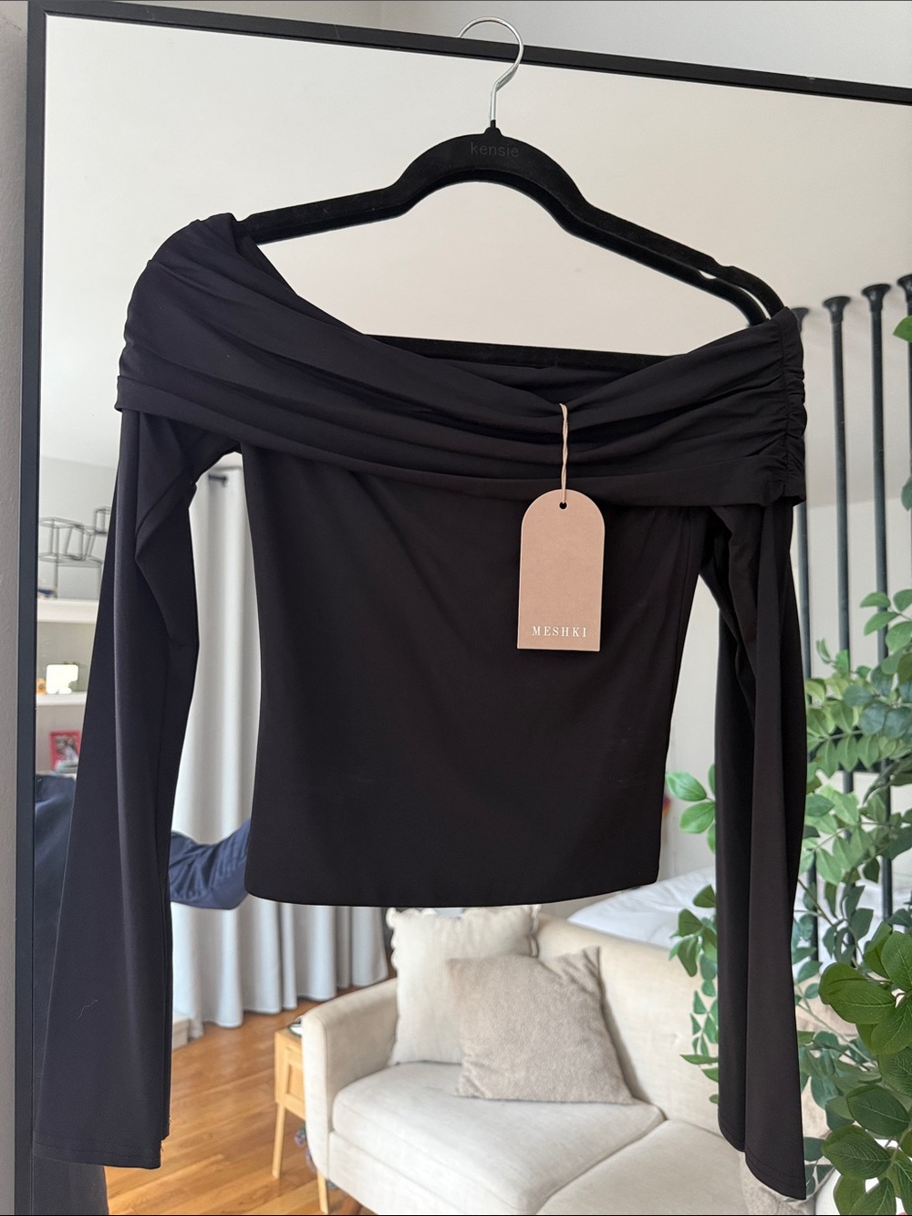 Meshki Lucinda Black Off-Shoulder Long Sleeve Top with Draped Fold